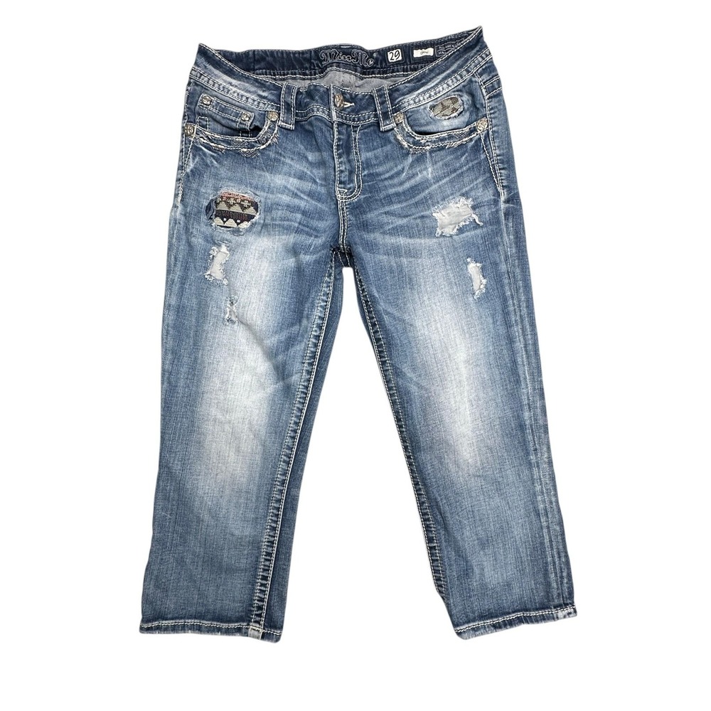 Miss Me Capri Jeans Womens 29‎ Blue Distressed Embroidered Tribal Rhinestone